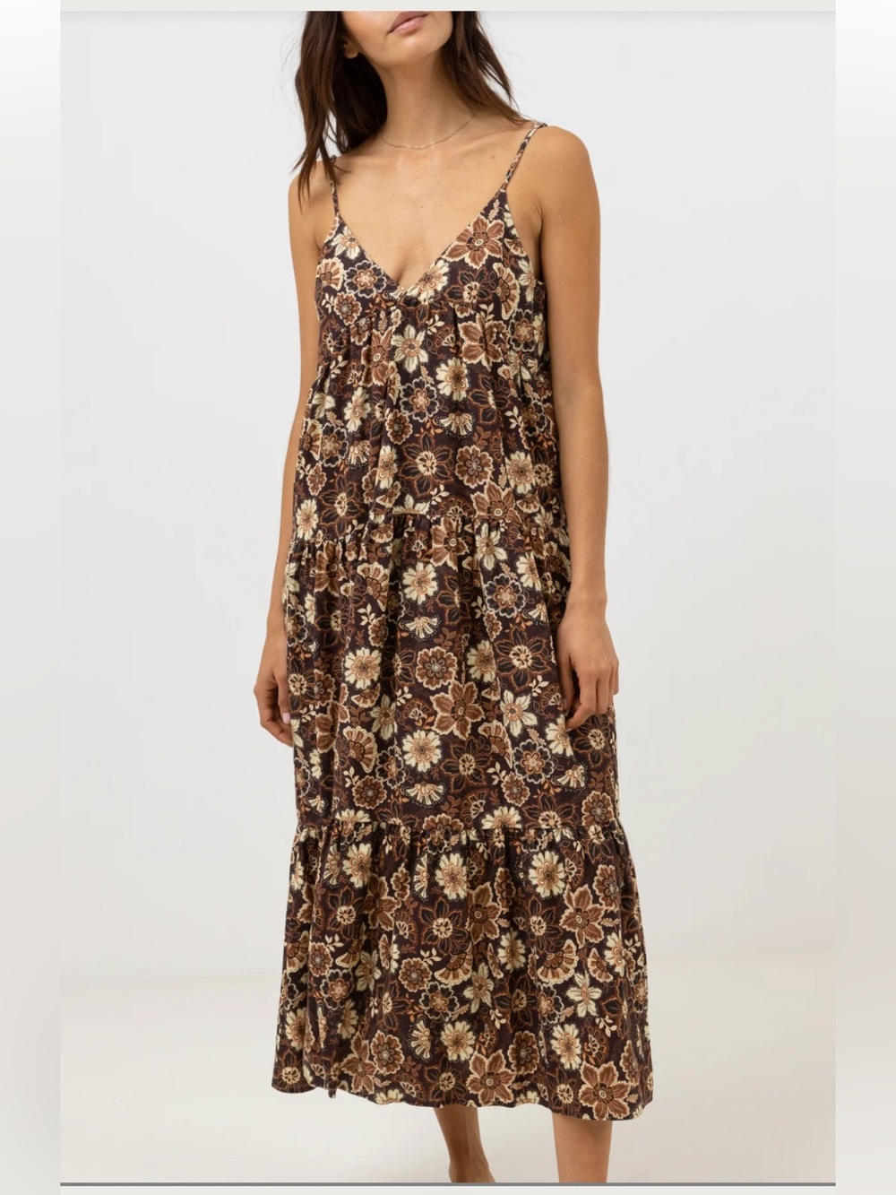 Rhythm Cantabria Floral Midi Tiered Brown Dress Women’s Small Tropical Vacation